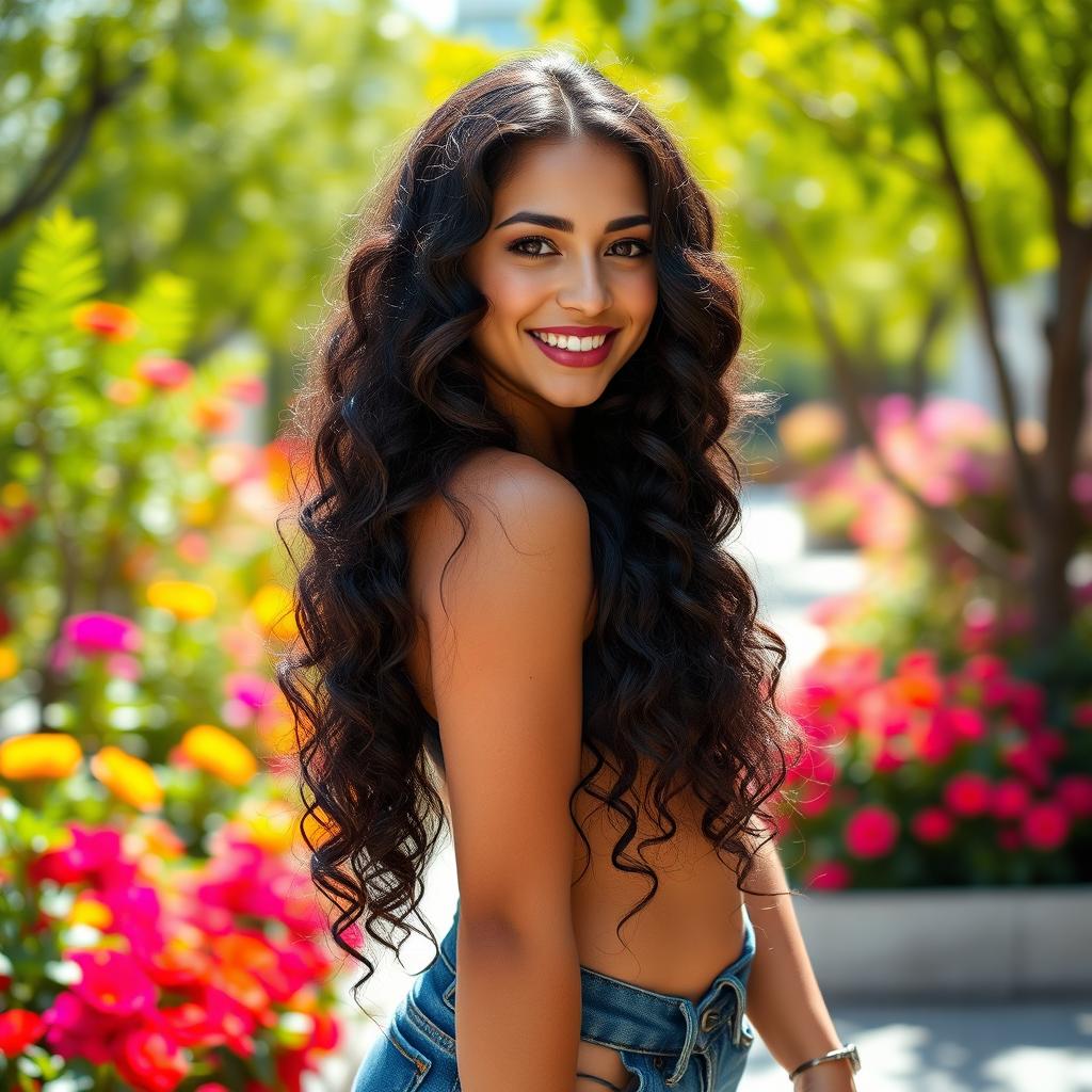 A young Spanish woman with long, curly black hair and a curvy figure