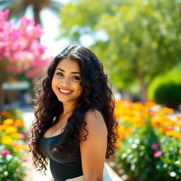 A young Spanish woman with long, curly black hair and a curvy figure