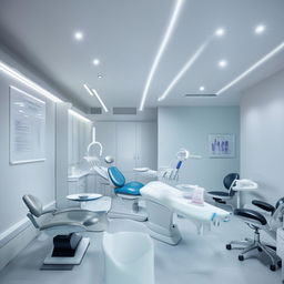 A modern, clean, and well-lit dental clinic with state-of-the-art dental equipment, comfortable seating in the waiting area and reassuring, calming colors on the walls.