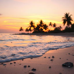 An ethereal landscape at dusk where gentle waves lap against a sandy shore