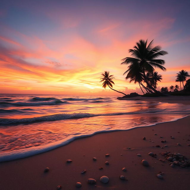 An ethereal landscape at dusk where gentle waves lap against a sandy shore