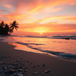 An ethereal landscape at dusk where gentle waves lap against a sandy shore