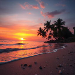 An ethereal landscape at dusk where gentle waves lap against a sandy shore