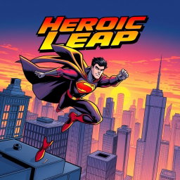 A dynamic comic book cover featuring a superhero in action, showcasing intense movement as they leap across a city skyline with skyscrapers