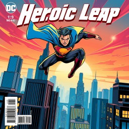 A dynamic comic book cover featuring a superhero in action, showcasing intense movement as they leap across a city skyline with skyscrapers