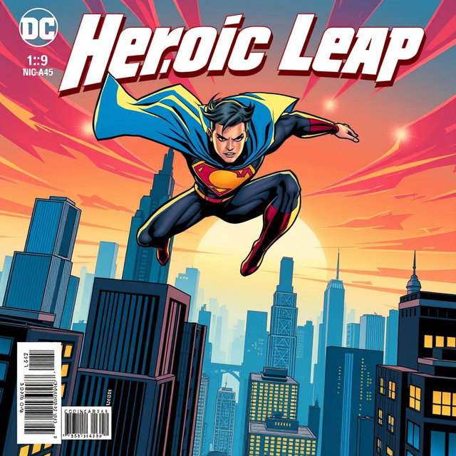 A dynamic comic book cover featuring a superhero in action, showcasing intense movement as they leap across a city skyline with skyscrapers