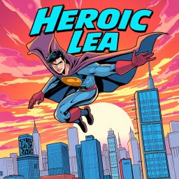 A dynamic comic book cover featuring a superhero in action, showcasing intense movement as they leap across a city skyline with skyscrapers
