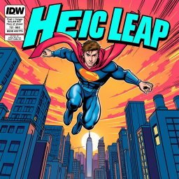 A dynamic comic book cover featuring a superhero in action, showcasing intense movement as they leap across a city skyline with skyscrapers