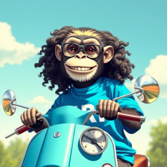 A female monkey with curly long hair, thick eyebrows, and stylish glasses, happily driving a vespa