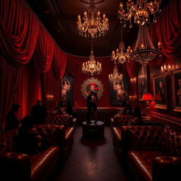 A lavish BDSM club interior, featuring rich velvet curtains, dim ambient lighting, and elegant leather furnishings