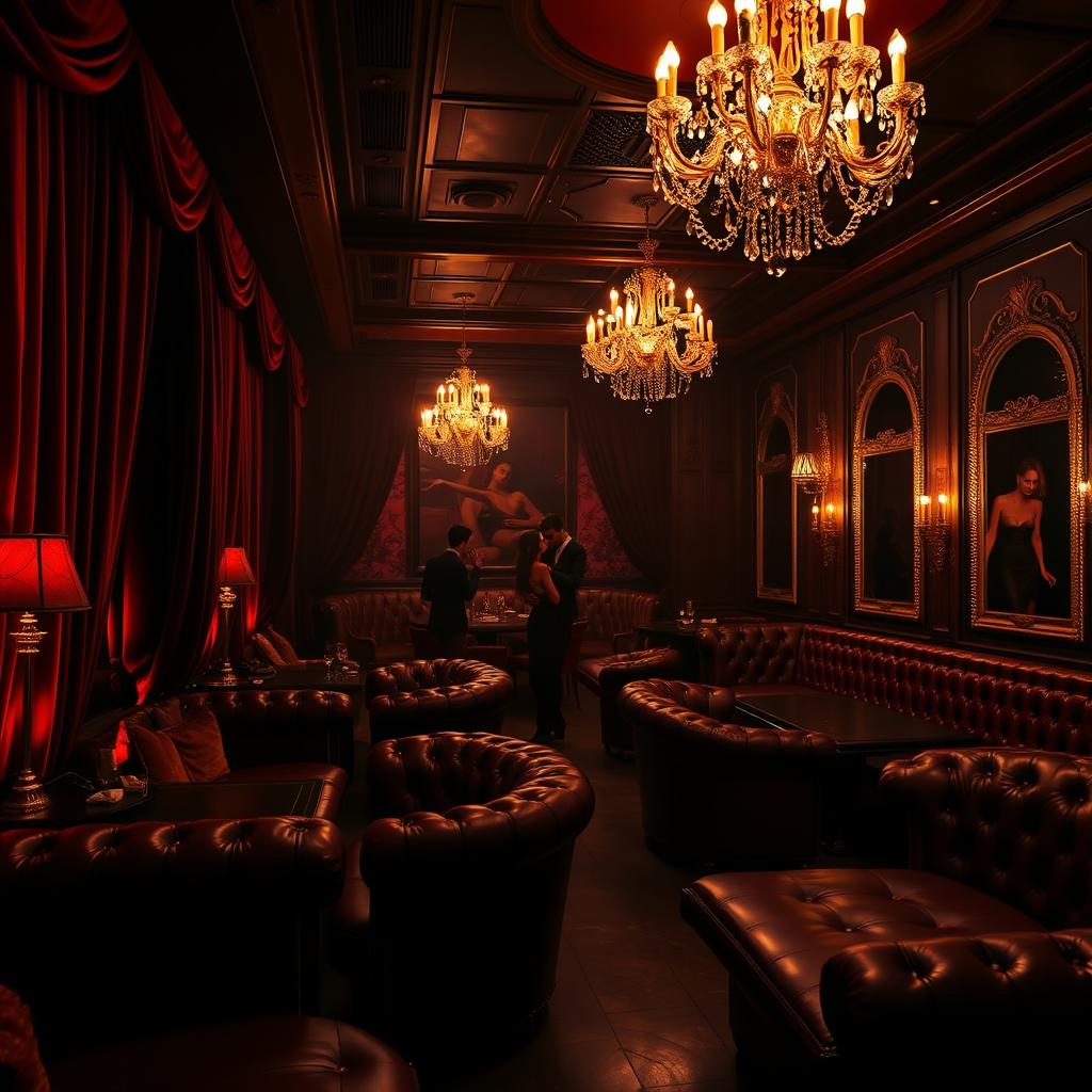 A lavish BDSM club interior, featuring rich velvet curtains, dim ambient lighting, and elegant leather furnishings