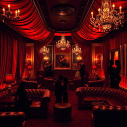 A lavish BDSM club interior, featuring rich velvet curtains, dim ambient lighting, and elegant leather furnishings