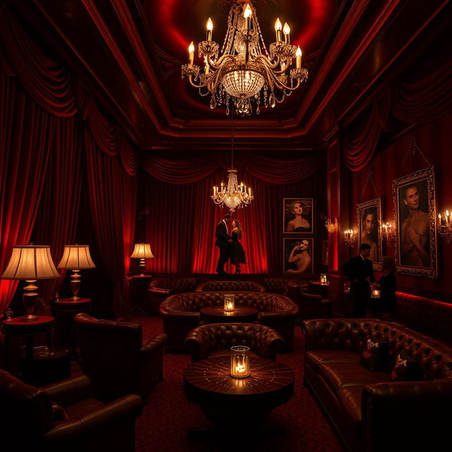 A lavish BDSM club interior, featuring rich velvet curtains, dim ambient lighting, and elegant leather furnishings