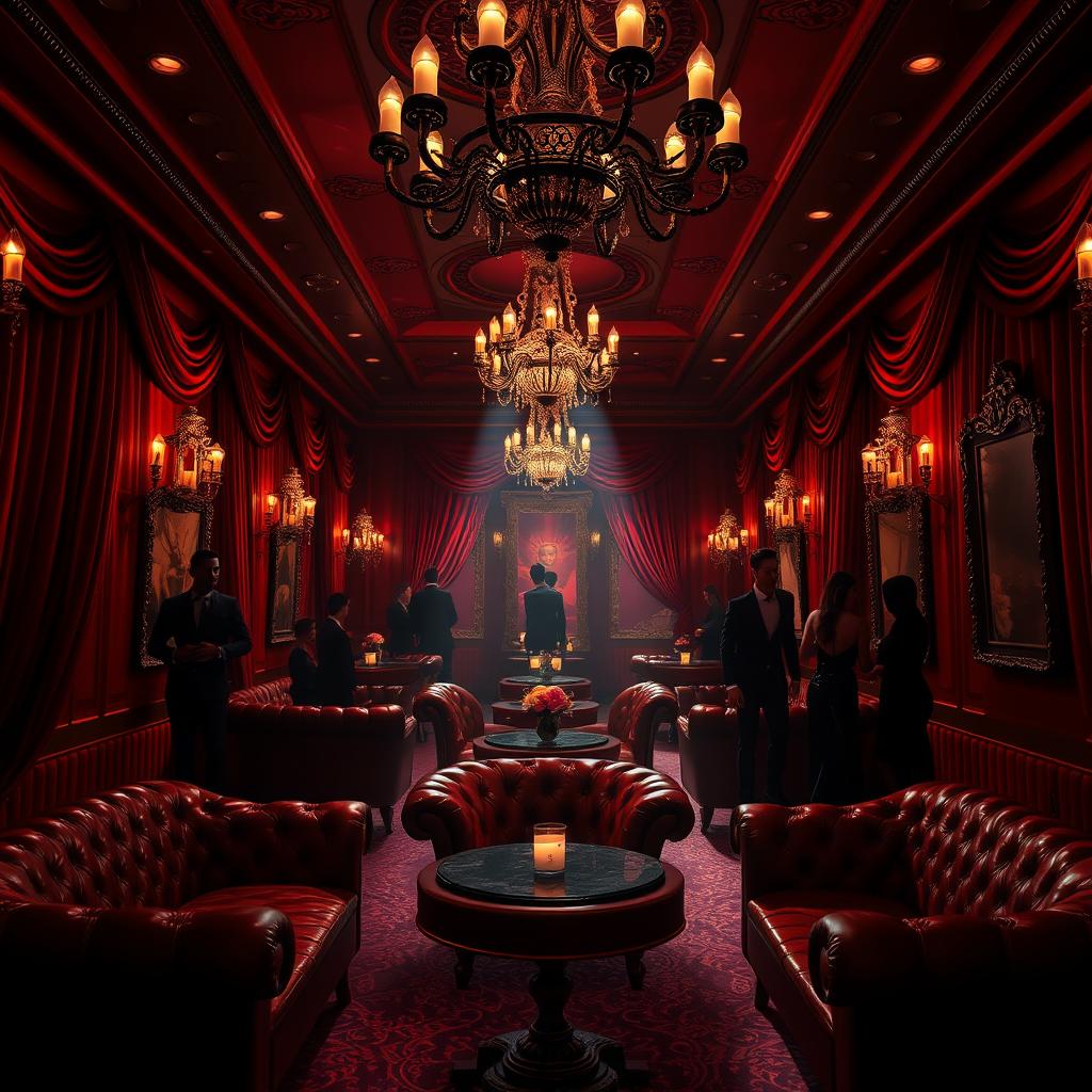 A captivating journey through a luxurious BDSM club, showcasing opulent decor with deep red and black color schemes