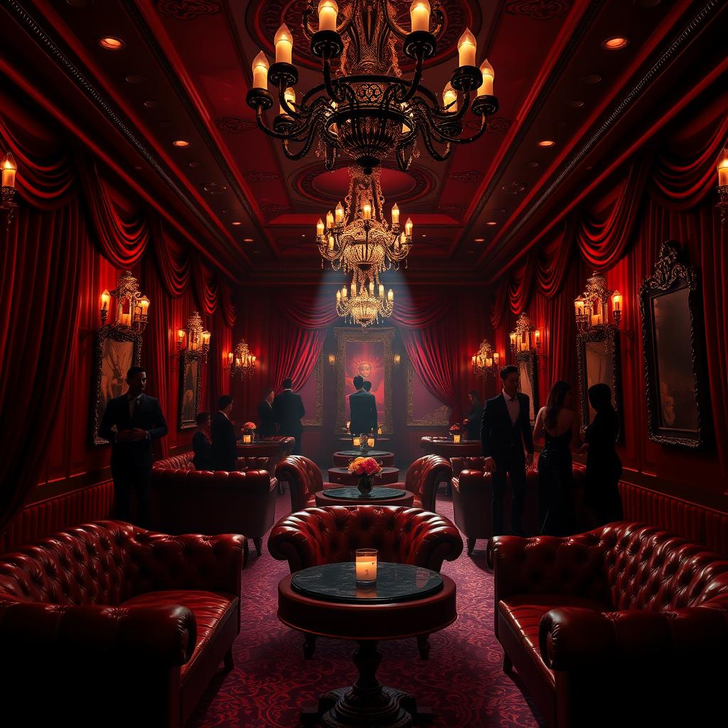 A captivating journey through a luxurious BDSM club, showcasing opulent decor with deep red and black color schemes