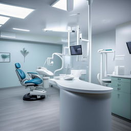 A modern, clean, and well-lit dental clinic with state-of-the-art dental equipment, comfortable seating in the waiting area and reassuring, calming colors on the walls.