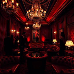 A captivating journey through a luxurious BDSM club, showcasing opulent decor with deep red and black color schemes