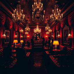 A captivating journey through a luxurious BDSM club, showcasing opulent decor with deep red and black color schemes