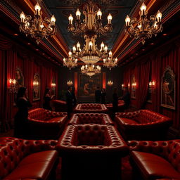 A captivating journey through a luxurious BDSM club, showcasing opulent decor with deep red and black color schemes