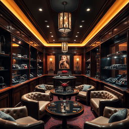 A stunning background depicting a journey through a luxurious BDSM accessory club, filled with sophistication and allure