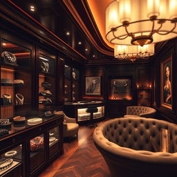 A stunning background depicting a journey through a luxurious BDSM accessory club, filled with sophistication and allure