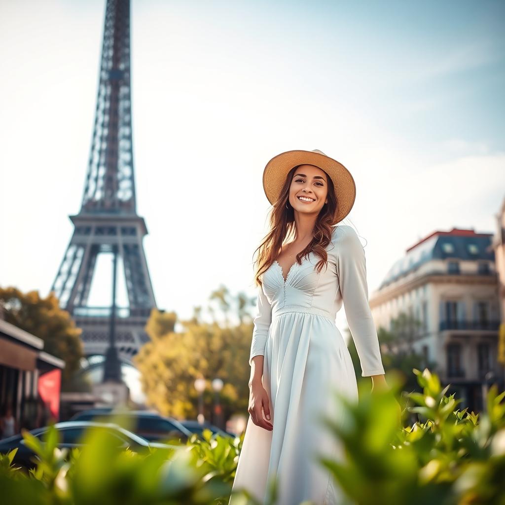 A young woman wearing a long white dress and a hat, standing beside the Eiffel Tower in Paris