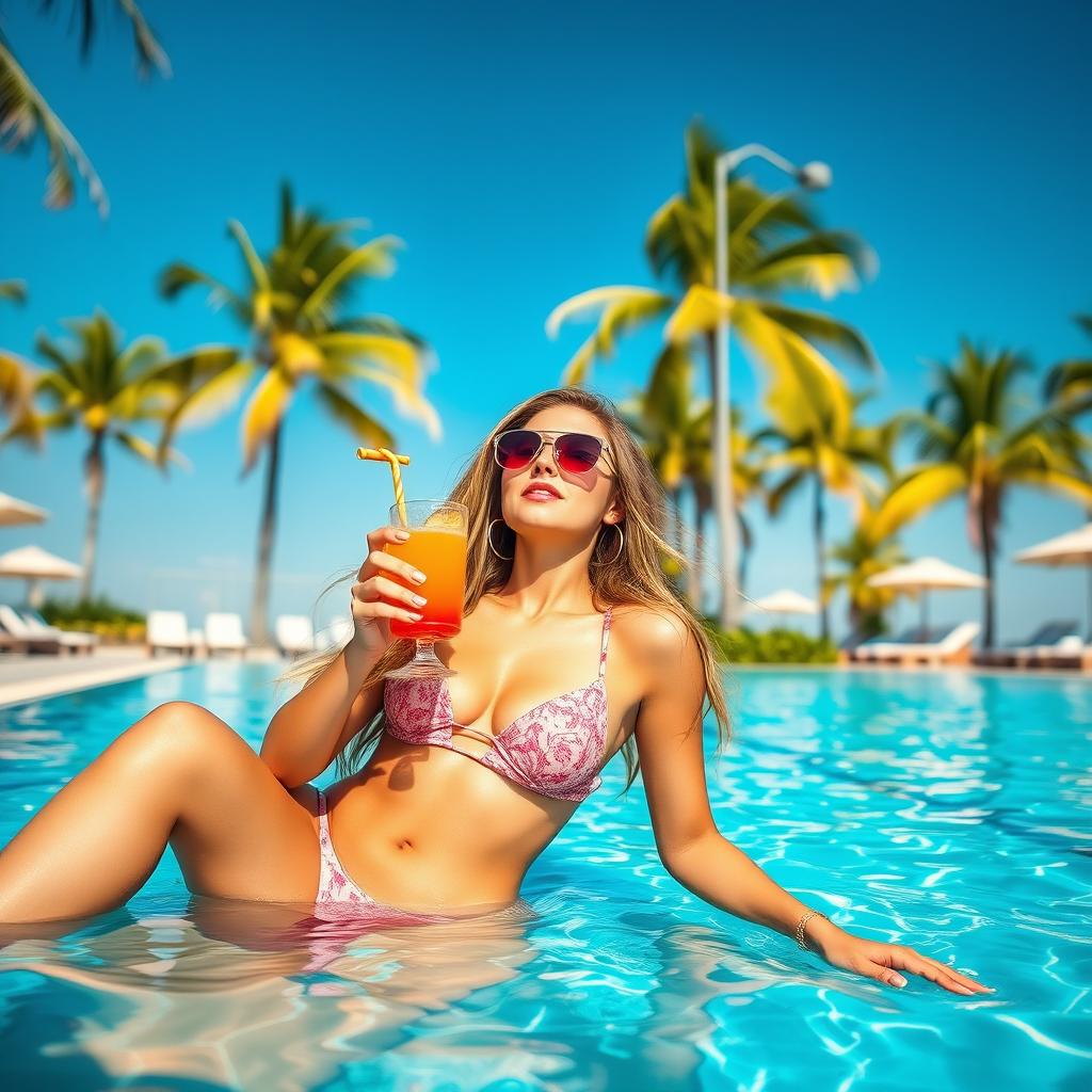 A stunning pool scene featuring a beautiful young woman lounging by the water