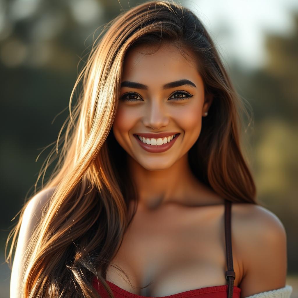 A close-up portrait of a confident woman with small breasts, celebrating her unique beauty
