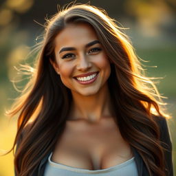 A close-up portrait of a confident woman with small breasts, celebrating her unique beauty