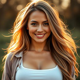 A close-up portrait of a confident woman with small breasts, celebrating her unique beauty