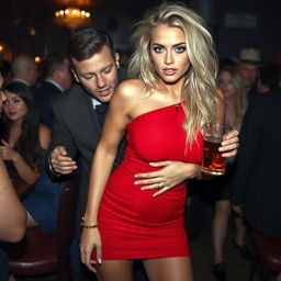 A sexy, beautiful, and curvy 18-year-old woman with long, messy dirty blonde hair and striking crystal blue eyes