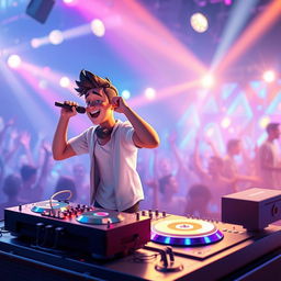 A dynamic 3D animation scene featuring a male vocalist passionately performing on stage, holding a microphone, with vibrant lights and an enthusiastic crowd in the background