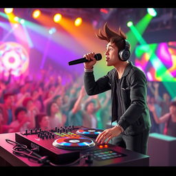 A dynamic 3D animation scene featuring a male vocalist passionately performing on stage, holding a microphone, with vibrant lights and an enthusiastic crowd in the background