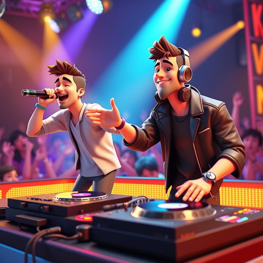 A dynamic 3D animation scene featuring a male vocalist passionately performing on stage, holding a microphone, with vibrant lights and an enthusiastic crowd in the background
