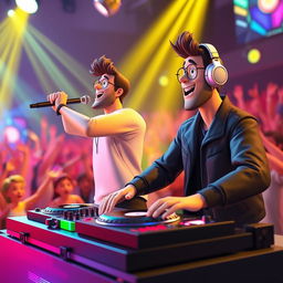 A dynamic 3D animation scene featuring a male vocalist passionately performing on stage, holding a microphone, with vibrant lights and an enthusiastic crowd in the background