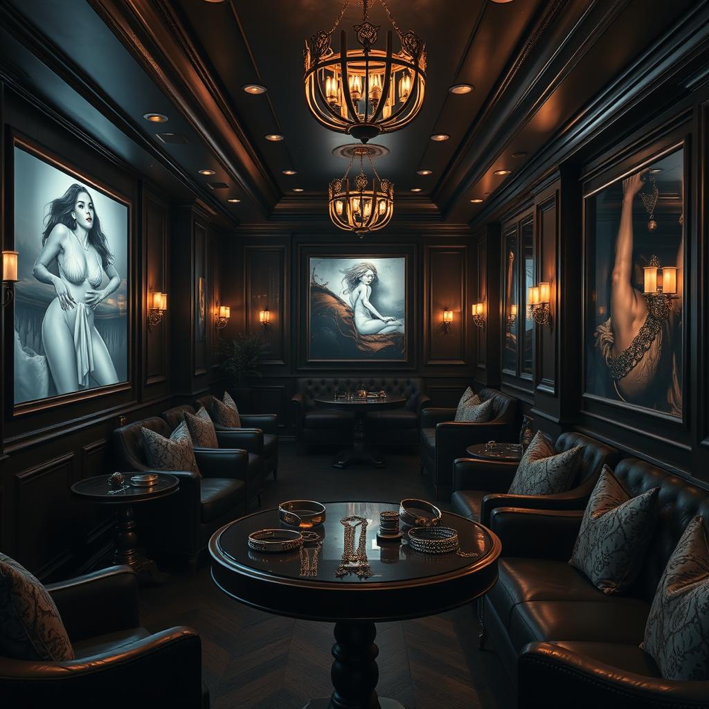 A captivating background depicting a journey through a luxurious accessory bondage club, showcasing an atmosphere rich with elegance and sophistication