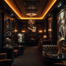 A captivating background depicting a journey through a luxurious accessory bondage club, showcasing an atmosphere rich with elegance and sophistication