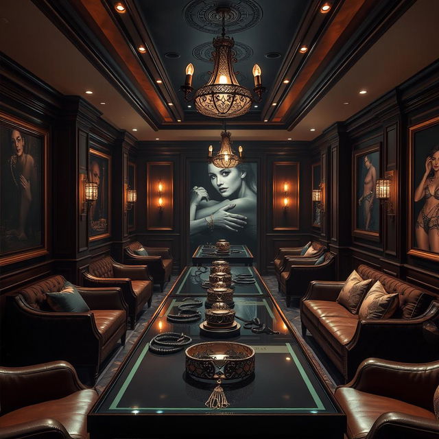 A captivating background depicting a journey through a luxurious accessory bondage club, showcasing an atmosphere rich with elegance and sophistication