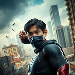 A 3D film poster featuring a superhero, an Indonesian man approximately 40 years old, without a mask