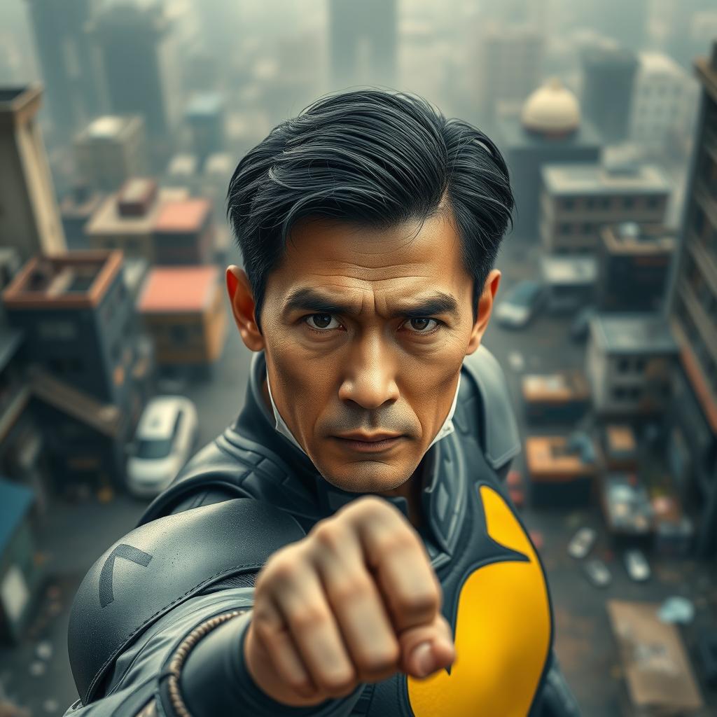 A 3D film poster featuring a superhero, an Indonesian man approximately 40 years old, without a mask