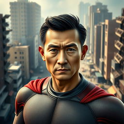 A 3D film poster featuring a superhero, an Indonesian man approximately 40 years old, without a mask