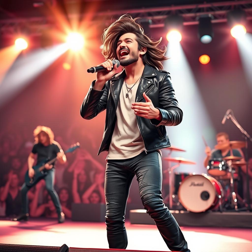 A male vocalist passionately singing on stage with a dynamic rock band
