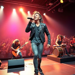 A male vocalist passionately singing on stage with a dynamic rock band