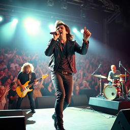 A male vocalist passionately singing on stage with a dynamic rock band