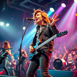A male vocalist passionately singing on stage with a dynamic rock band