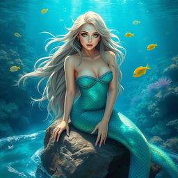 A mystical mermaid woman with long flowing hair, shimmering scales in shades of turquoise and emerald, sitting on a rock by the sea