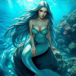 A mystical mermaid woman with long flowing hair, shimmering scales in shades of turquoise and emerald, sitting on a rock by the sea