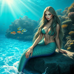 A mystical mermaid woman with long flowing hair, shimmering scales in shades of turquoise and emerald, sitting on a rock by the sea