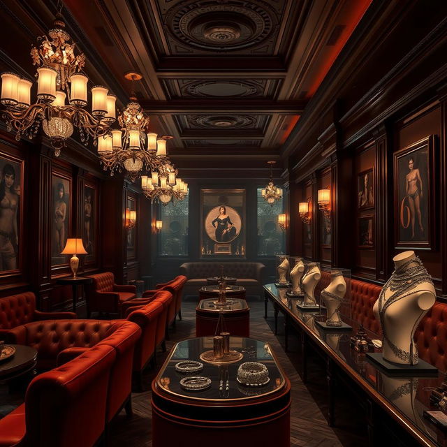 A mesmerizing background depicting a journey through a luxurious bondage club, showcasing an atmosphere of opulence and sensuality