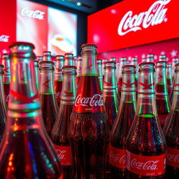 A striking image of a thousand Coca-Cola bottles arranged in an artistic display, each bottle glistening with condensation, reflecting light in various colorful hues
